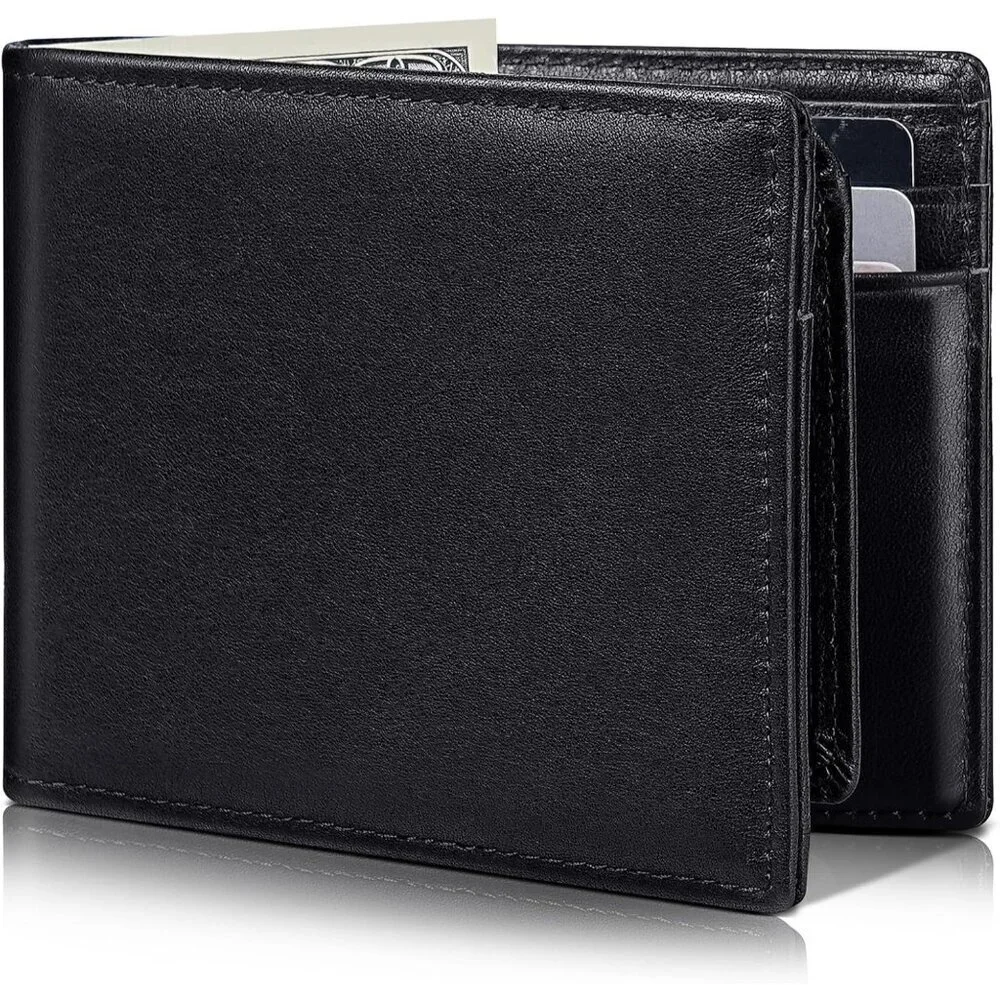 Men's Classic Bifold Wallet Card Black Style Genuine Leather 2 Cash Pockets